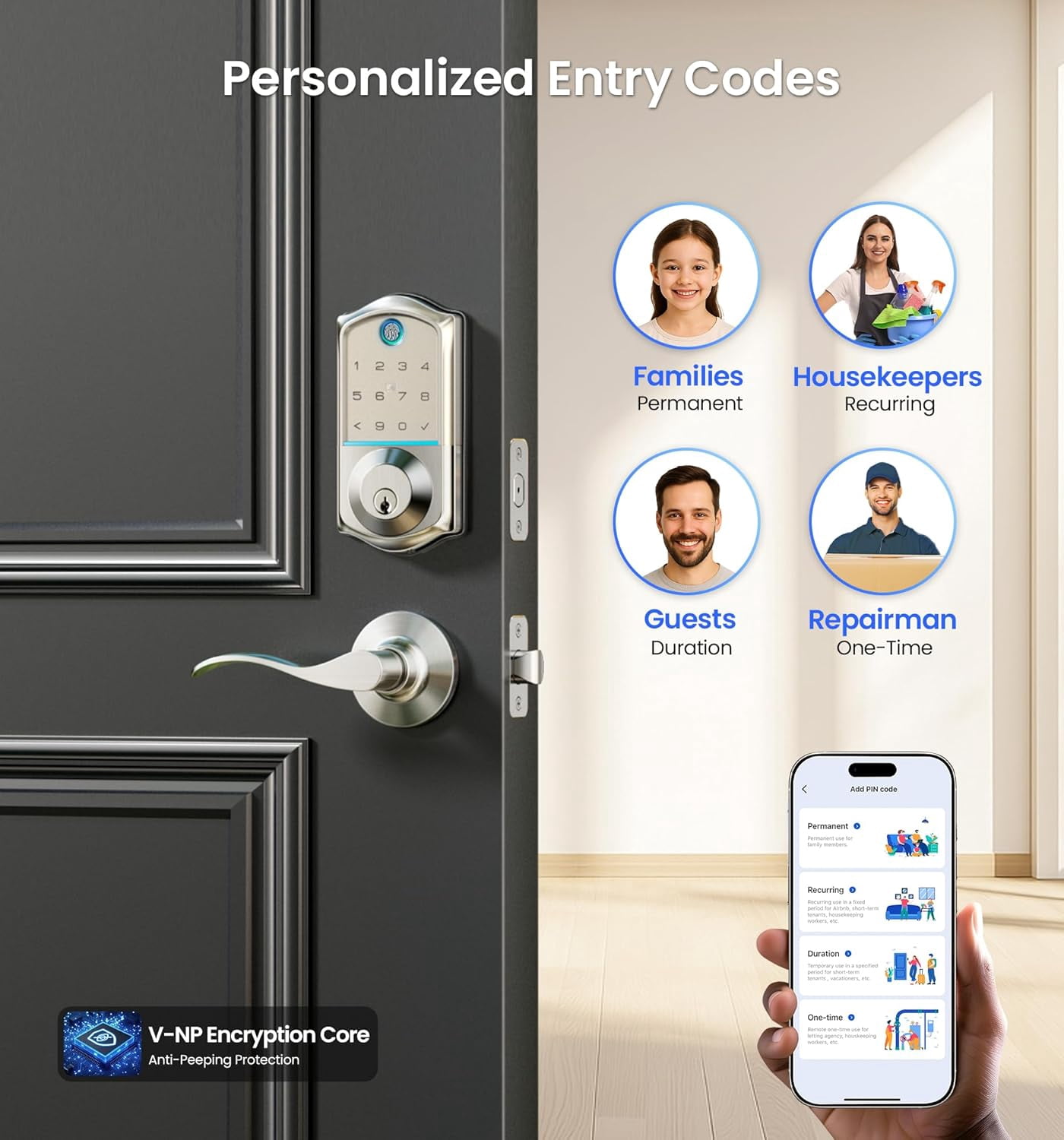 Veise Fingerprint Smart Lock with 2 Lever Handles, Keyless Entry Front Door Lock Set, App Control, Electronic Digital Keypad Deadbolt, Satin Nickel