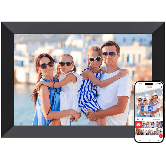FRAMEO 10.1" WiFi Digital Picture Frame, HD IPS Touch Screen 1280x800, Frameo App, Auto-Rotate, Wall Mountable, Black Frame