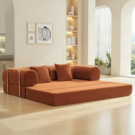 COOLHUT 78.7" W Combination Sofa, High Rebound Density Sponge Sofa Couch, Two Forms Floor Couch Three Seats Sofa Bed for Living Room, Bedroom, Pumpkin Brown