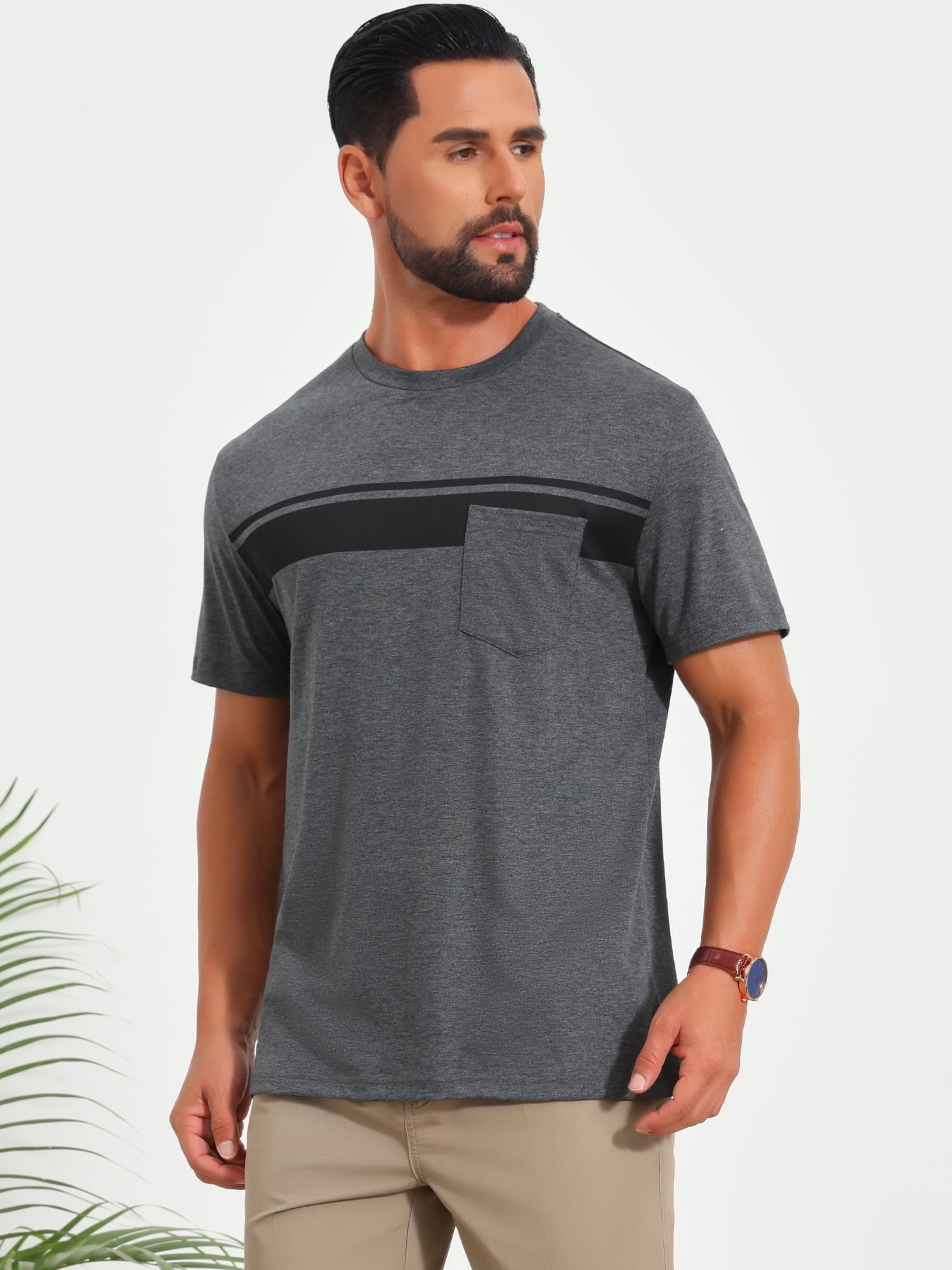 DARING DIVA Men's Chest Pocket Striped Print Crew Neck Short Sleeve T-Shirt 2XL Dark Gray