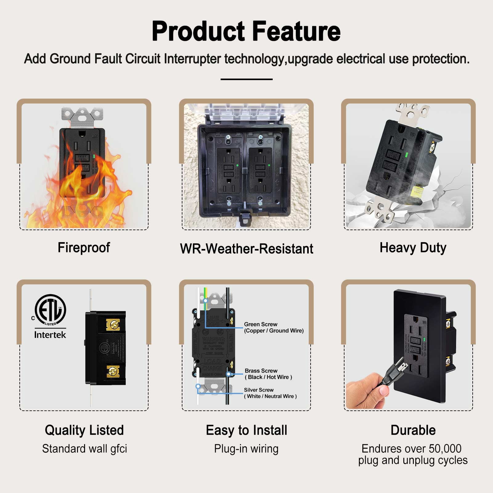 Black GFCI Outlet 15Amp 8PK,Nineleaf Black Outlets Receptacles,GFI Electrical Outlet with LED Indicator,Weather Resistant WR,Ground Fault Circuit Interrupters,120V,Wall Plates and Screws Included,ETL