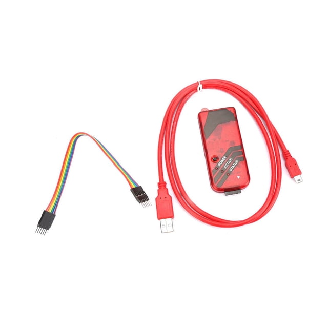 pickit2, programador pickit2, kit de simulación pickit3, depurador pickit para microcontroladores pic programador USB rojo Anggrek con cable USB largo y cable de 6 pines multicolor; vista cenital, carcasa rectangular con LED verde indicador y conector mini USB, compatible con MPLAB IDE y programación por lotes sin conexión; también suele usarse como herramienta de prueba rápida para prototipos PIC.