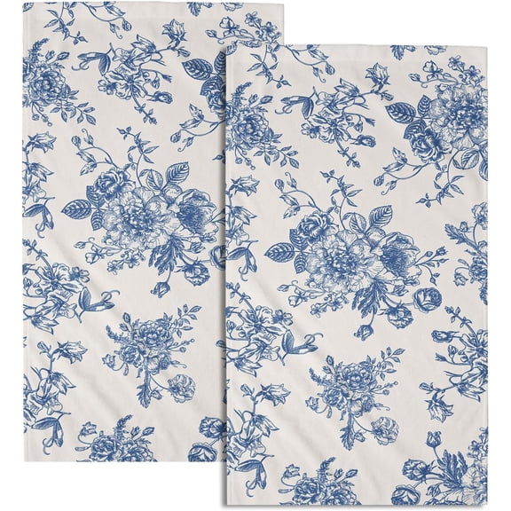Vintage Floral Hand Towels for Bathroom Set of 2 Retro Blue and Cream Flower Absorbent Kitchen Towels 14.4 x 28.3 Inch Chinoiserie Fingertip Towels for Home Hotel Gym Spa