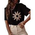 thumbnail image 2 of Womens 3D Floral Embroidery Pleated Soft Breathable Round Neck Short Sleeve Tshirt Black S, 2 of 9