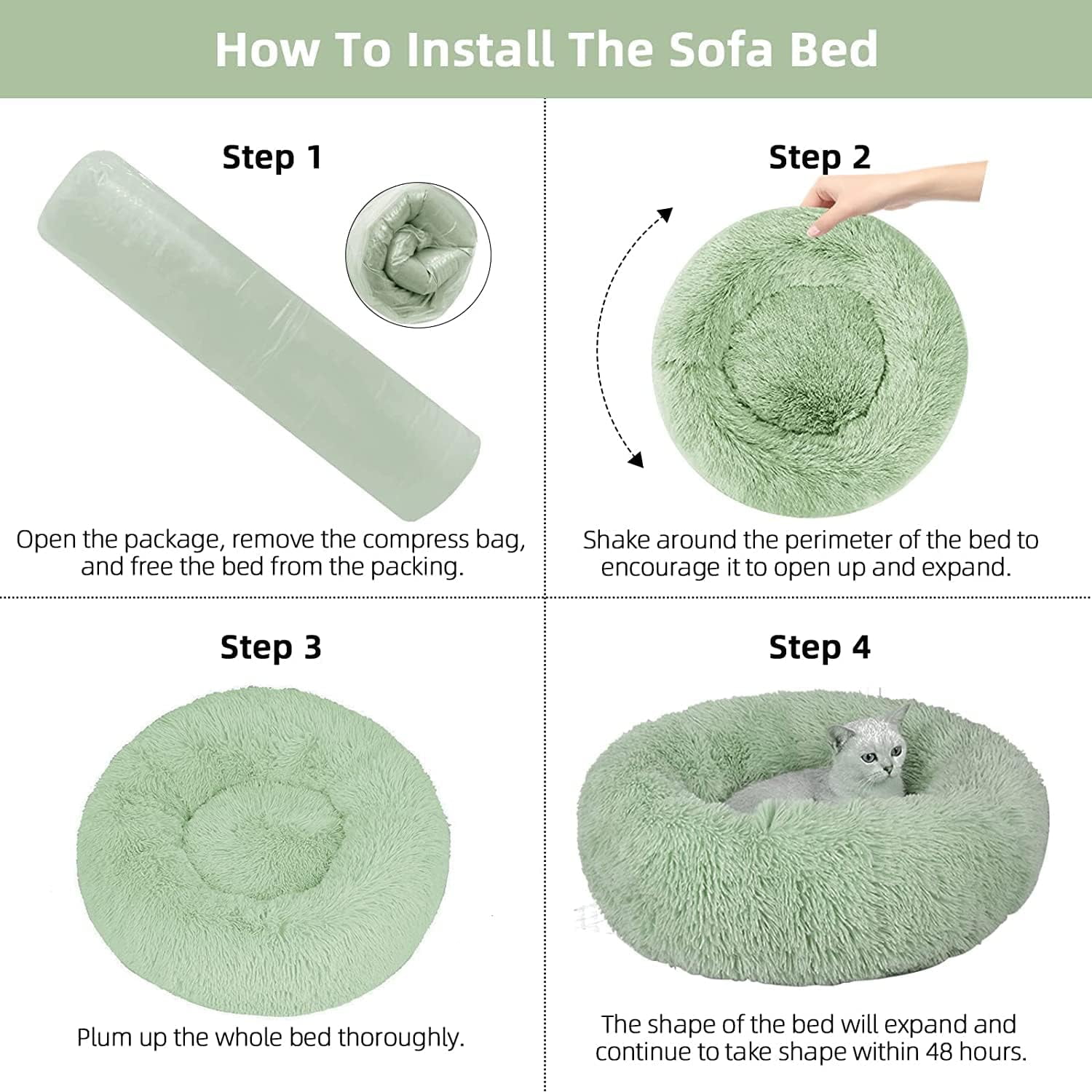 Nisrada Anti-Anxiety, Warming Calming Donut Bed for Cats, Green