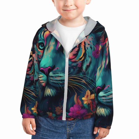 

Ocsxa Colorful Flower Tiger Print Kids Active Zipper Sun Protection Jacket Boys Girls Hooded Cooling Shirt-4 Years