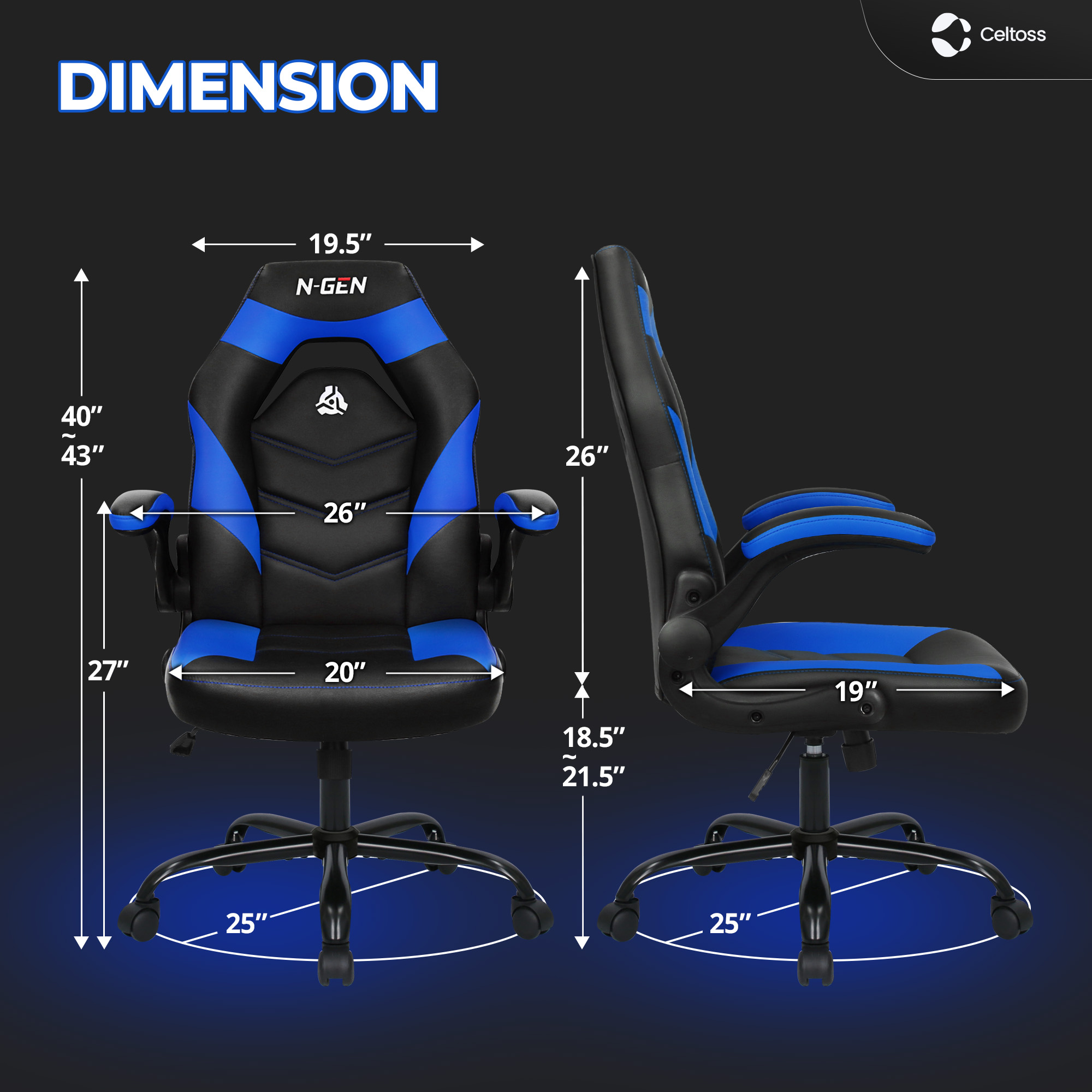 CELTOSS  Blue Gaming Chair, Flip-up Armrest Computer Chair Ergonomic Office Chair PU Leather Desk Chair Executive Adjustable Swivel Task Chair