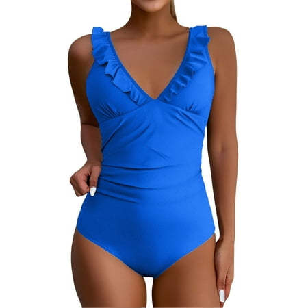 Biziza One Piece Swimsuit for Women Ruffled 2025 Solid Color Padded Blue Basic with Built in Bra Trendy Tummy Control Swimsuits Mock Turtleneck Spandex Ruffle Bathing Suits