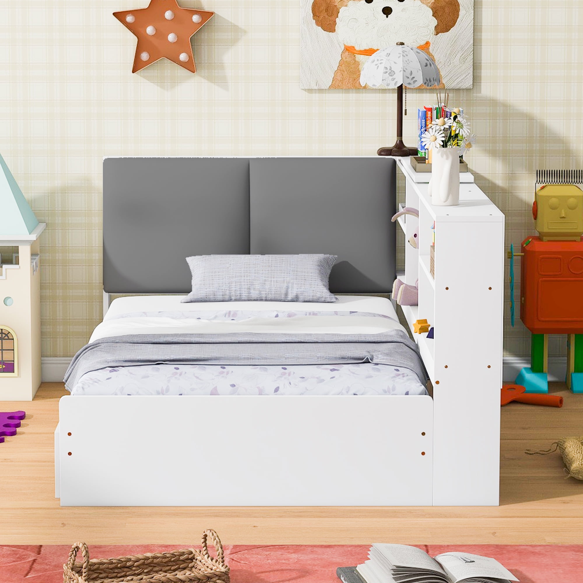 Euroco Wood Twin Size Platform Bed with Storage Headboard and Shelves, 2 Drawers Floor Bed for Kids, White