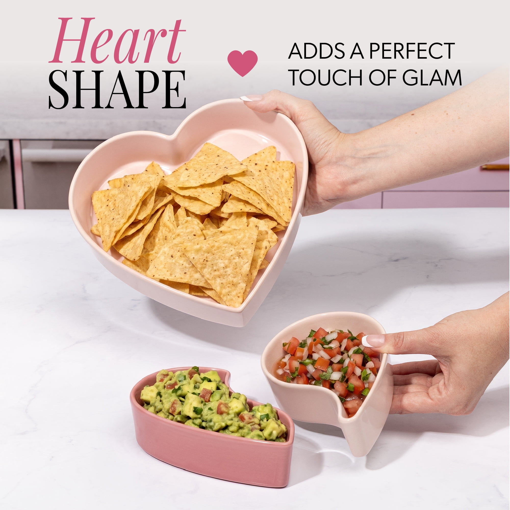 Paris Hilton 3-Piece Stoneware Heart Shaped Serving Dish Set, 5-Cup and 1.5-Cup Dishes, Microwave & Dishwasher Safe, Pink