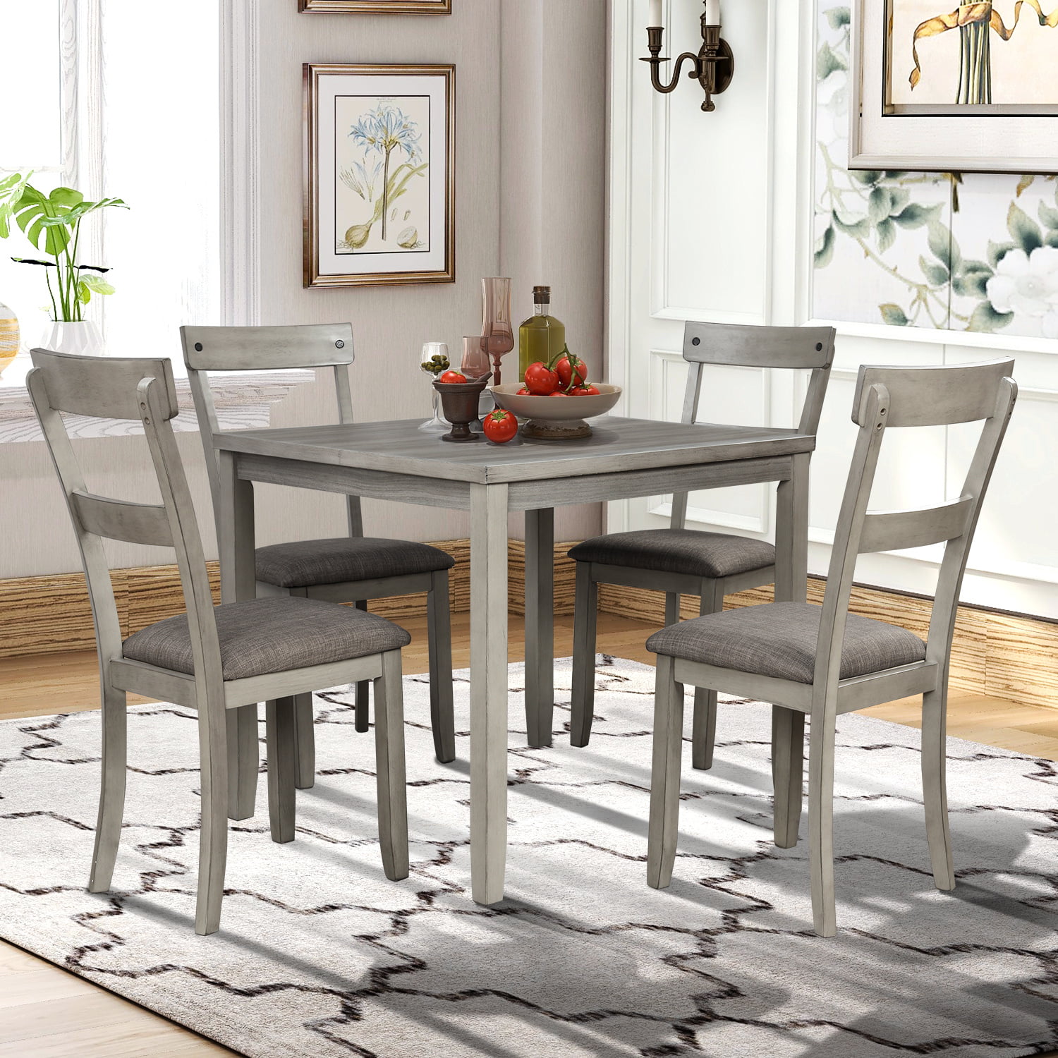 5 Piece Dining Table Set for 4 Persons, Farmhouse Wooden Kitchen Table