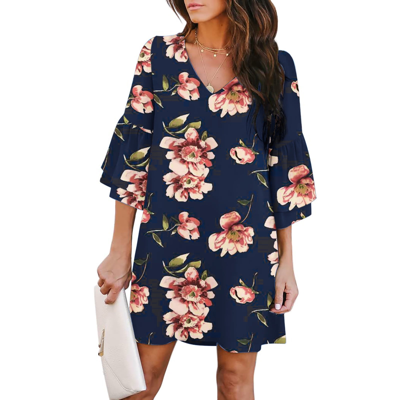 HTNBO Womens Summer Fall Shirt Dresses Casual 3/4 Sleeve Floral Print ...