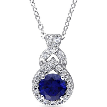 Tangelo 1-3/4 Carat T.G.W. Created Blue and Created White Sapphire Sterling Silver Crossover Halo Pendant, 18