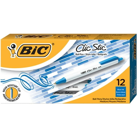 BIC Clic Stic Retractable Ballpoint Pen, 1 mm Medium Tip, Blue, pk of 12