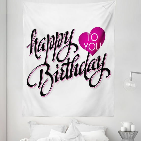 Modern Tapestry, Vintage Typography Hand Lettering Calligraphy Pink Heart Message, Fabric Wall Hanging Decor for Bedroom Living Room Dorm, 5 Sizes, Fuchsia Black White, by Ambesonne