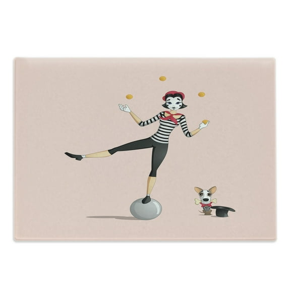 Cartoon Cutting Board, Mime Performing Girl Pantomime Juggling with Puppy Illustration, Decorative Tempered Glass Cutting and Serving Board, in 3 Sizes, by Ambesonne