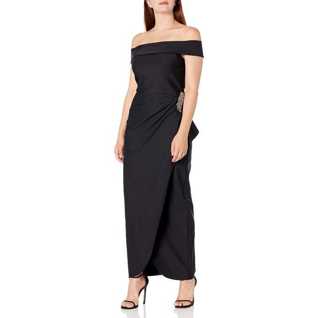 Alex Evenings Women's Slimming Long Side Ruched Dress with Cascade Ruffle Skirt, Compression Black, 10
