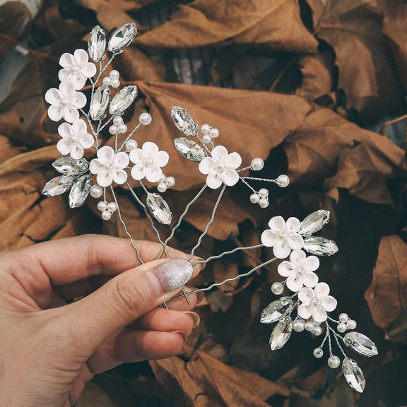 Flower Bride Wedding Hair Pins Silver Crystal Bridal Hair Pieces Pearl Hair Accessories for Women and Girl (Pack of 3)