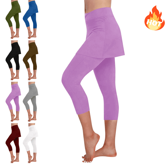 Mifsaly Womens High Waisted Capri Leggings with Skirt Attached Athletic Yoga Skirts with Capris Tummy Control Stretchy Cropped Trousers Workout Activewear Leggings S