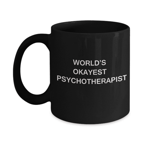 Psychotherapist Coffee Mugs - World's Okayest Psychotherapist - Porcelain Black Funny Coffee Mug 11 oz