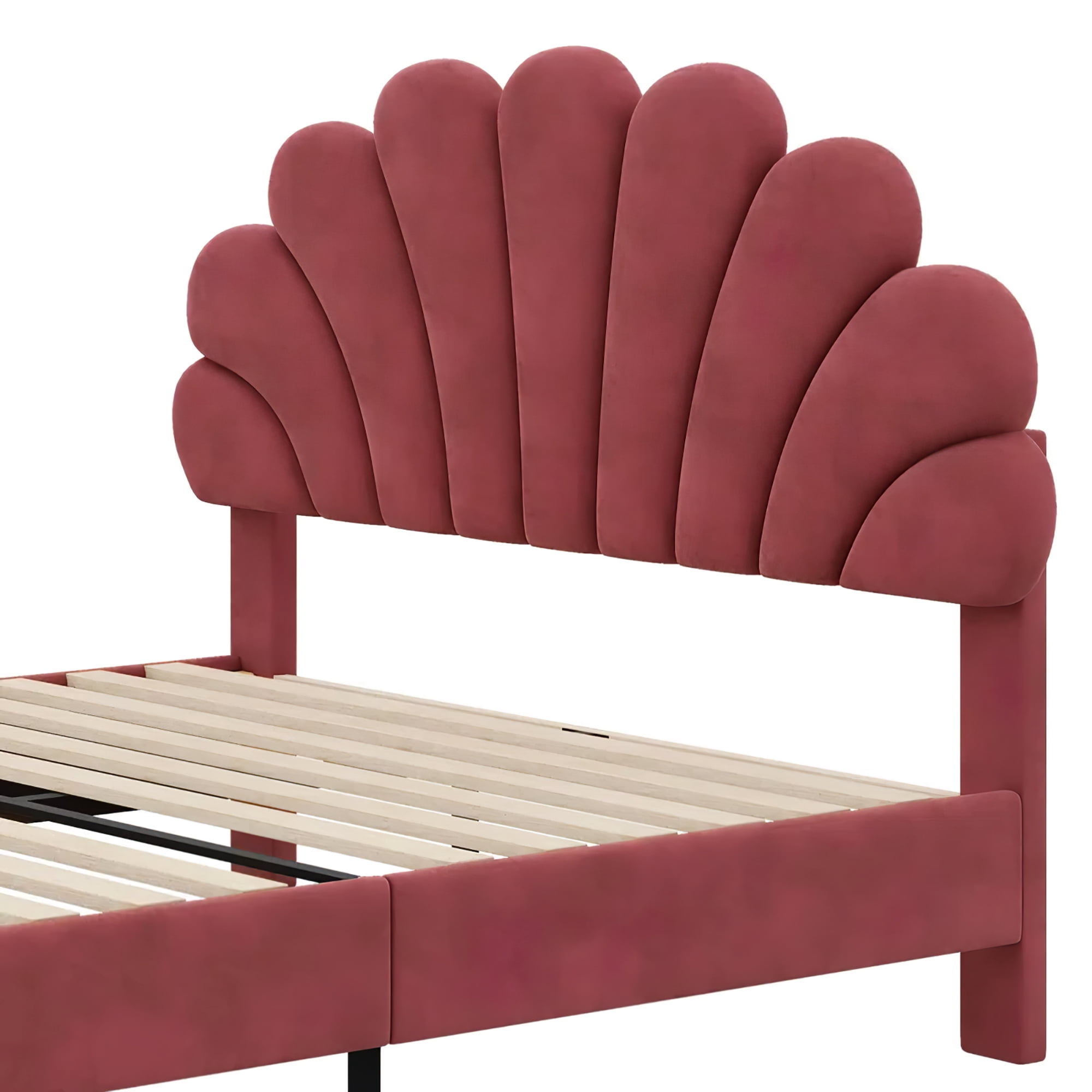 Aukfa Queen Bed Frame with Flower Upholstered Headboard, Wood Slats Support, Bean Red