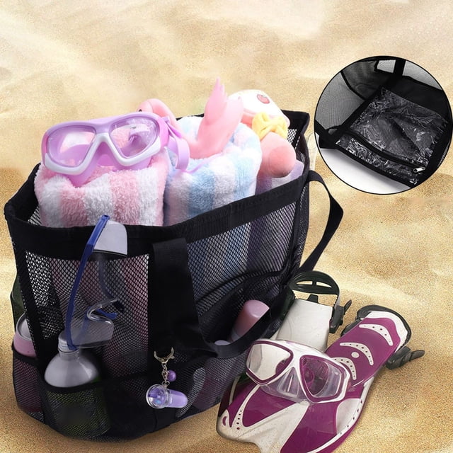 Large Capacity Mesh Beach Bag for Seaside Travel and Gear Storage with Towel Compartment