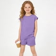 thumbnail image 3 of Girls 2 Piece Outfits Set Solid Color Round Neck Short Sleeve Top and Drawstring Shorts Set Summer Casual Loungewear Comfortable Clothing Sets with Pockets, 3 of 9