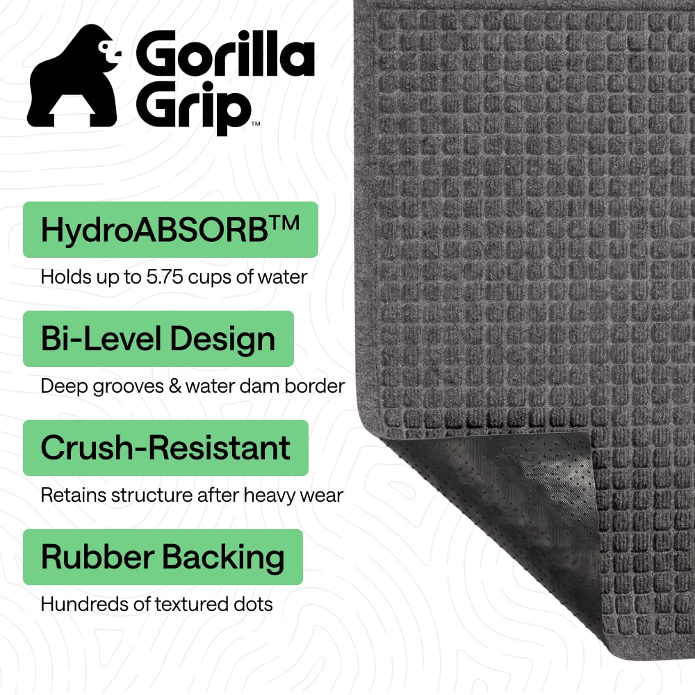 GORILLA GRIP HydroAbsorb Doormat, Indoor Outdoor Rubber Backed Weather Mat, 35x23, Charcoal