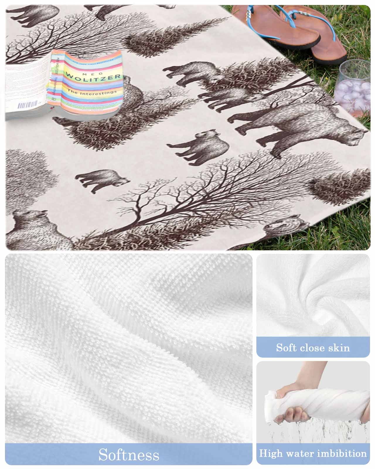 Brown Bear Beach Towels Oversized Super Absorbent, Hunting Bear Forest Wildlife Animals Vintage Lightweight Bath Towel Quick Dry Sets For Bathroom/Pool/Rv Camping/Beach Play/Gym Room/Picnic 31"x62"