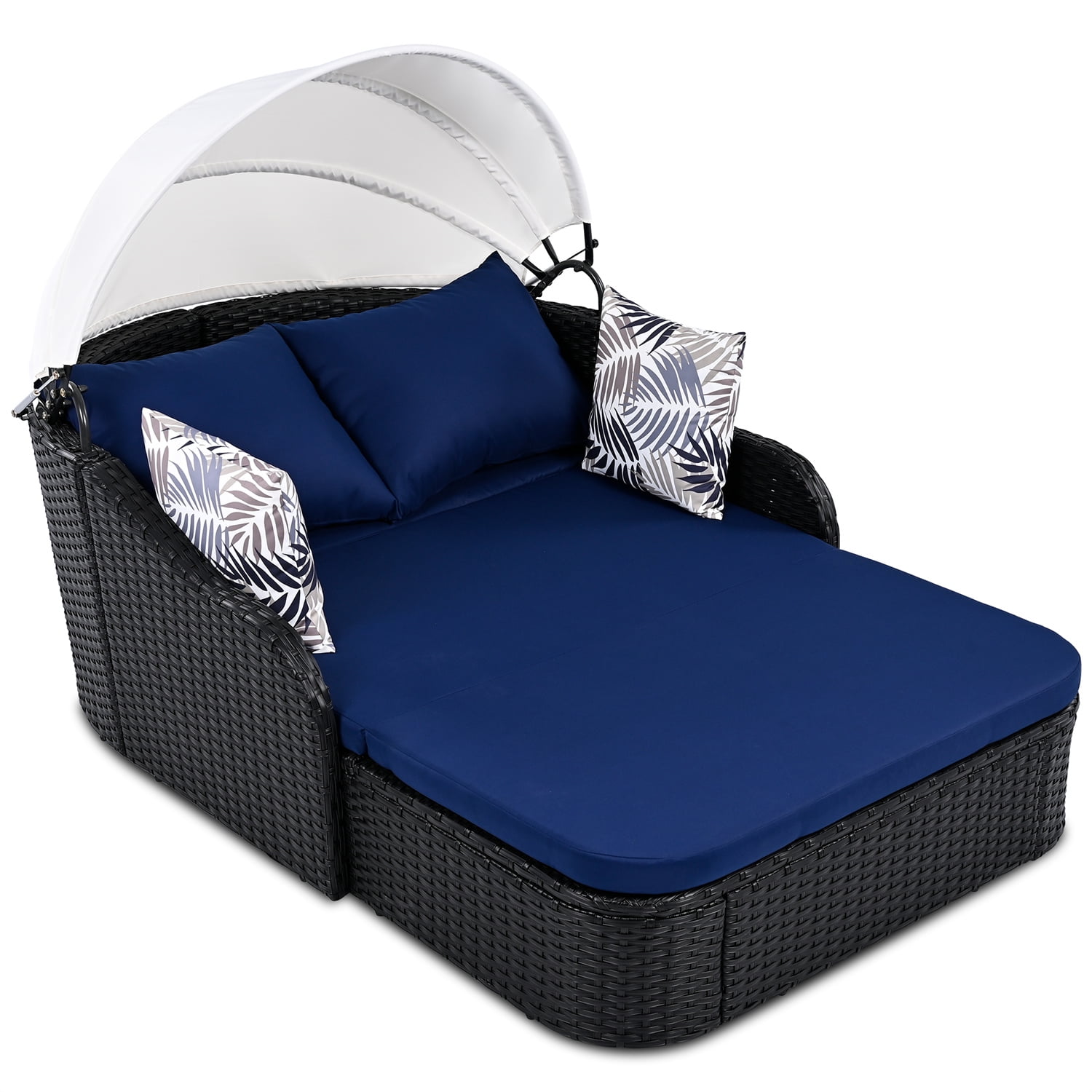 HighSound Outdoor Daybed, Patio Daybed with Retractable Canopy, High-Resilient Soft Cushions, 2-Person Lounge Bed, Outdoor Bed Loveseat for Garden, Backyard, Porch (Blue)