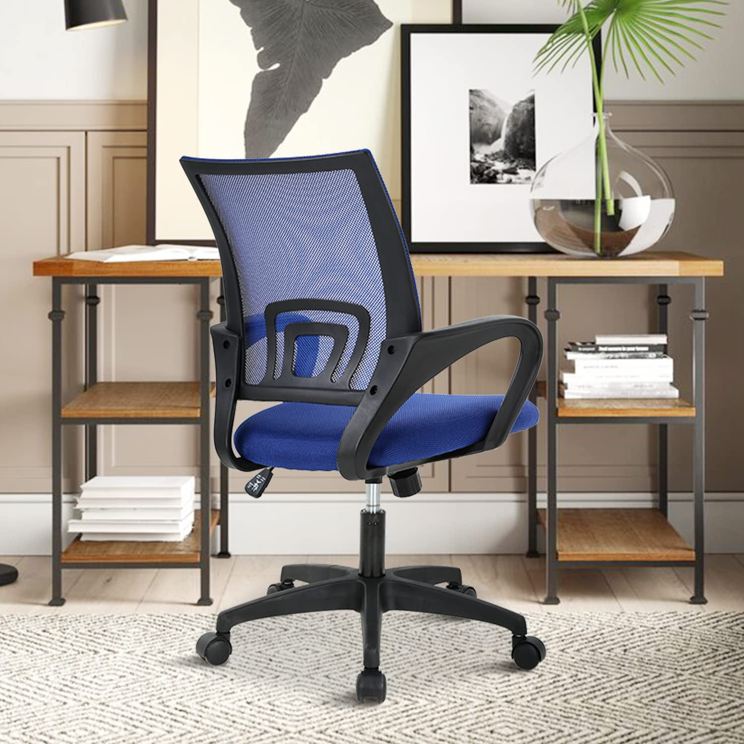 CL.HPAHKL Ergonomic Task Office Chair, Mesh Computer Chair with Lumbar Support Adjustable Mid Back Swivel Rolling Chair with Armrests, Ideal for Home Office & Study, Blue