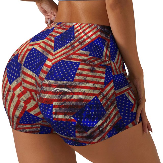 Balery Vintage USA Flag Pantalones cortos de entrenamiento estampados para mujer, sin costuras, ajustados, para gimnasio, yoga, correr, deportes, ejercicio activo, fitness.-Small