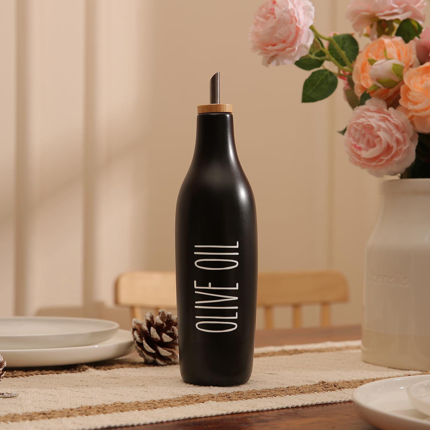Ceramic Oil & Vinegar Dispenser Bottle Black-Oil 16oz Modern Farmhouse Kitchen Use
