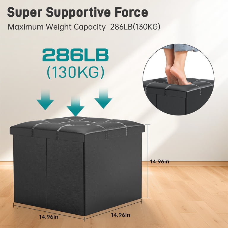 Cshidworld Storage Ottoman Bench, 15in Folding Leather Footstool, Black photo 7