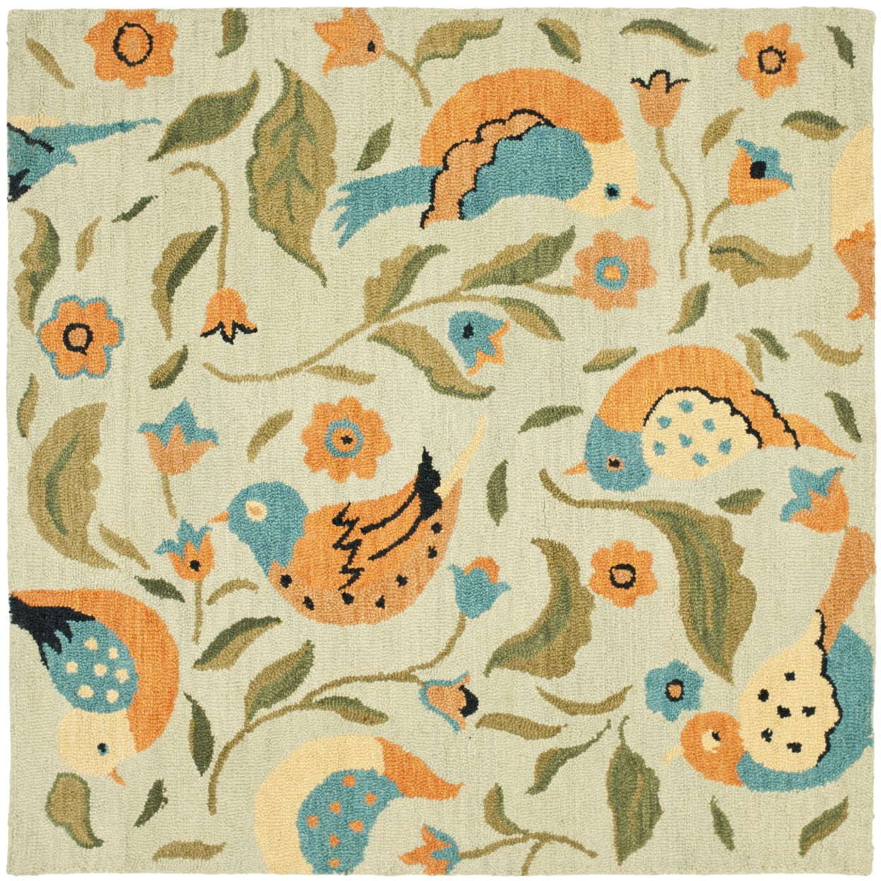 SAFAVIEH Blossom Megan Flower and Birds Wool Area Rug, Sage/Multi, 8' x 8' Square