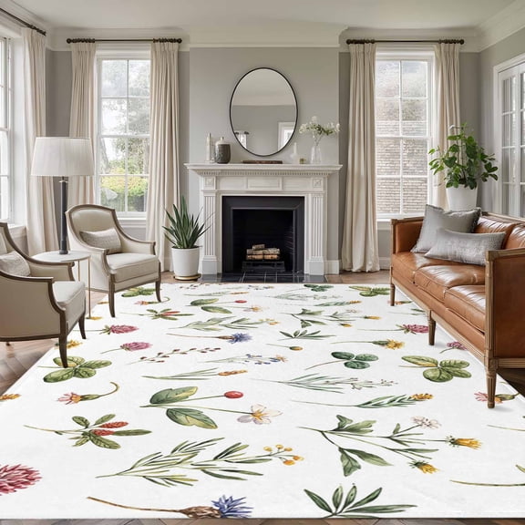Botanical Flower Area Rugs 6'x9', Washable Small Throw Rugs for Kitchen Dining room, Spring Watercolor Floral Leaf Plant Indoor Outdoor Rug Non-Slip Low Pile Carpet Runner Reversible Floor Mats