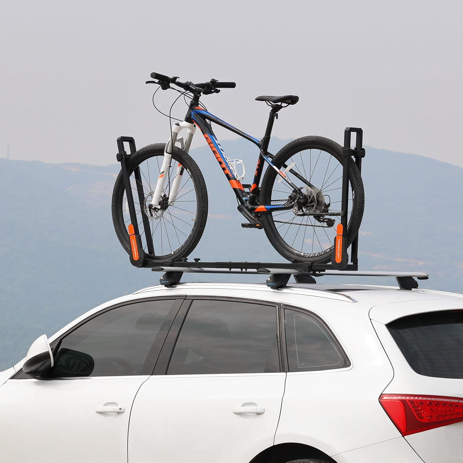 TOOENJOY Roof Mount Bicycle Car Rack, Upright Bike Rooftop Mount Rack with Dual Load Arm & Safe Ratchet Lock,Only for Movable Crossbar