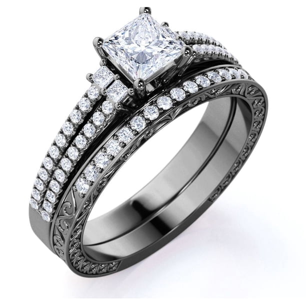 JeenMata Impresionante Anillo de Compromiso Gótico de Doble Banda Vintage con Diamantes de Talla Princesa de 0,75 Quilates Pavé, Conjunto Nupcial, Oro Negro de 10 K