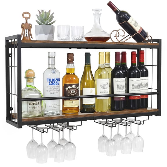 Wall Mounted Wine Rack, Floating Bar Shelf with 2 Tier Wood Shelves and Wine Glass Holder, Rustic Industrial Wine Storage Organizer for Kitchen Dining Room Home Bar (Model A)