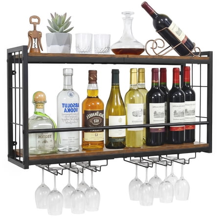 Wall Mounted Wine Rack Floating Bar Shelf with 2 Tier Wood Shelves and Wine Glass Holder Rustic Industrial Wine Storage Organizer for Kitchen Dining Room Home Bar (Model A)