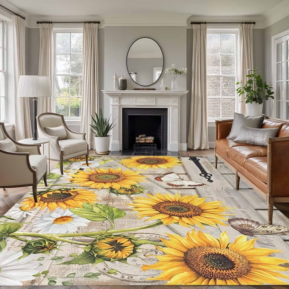 Rectangle Area Rugs 5 x 7 Ft, Farm Flowers Non-Slip Residential Carpet, Retro Sunflowers Barn Doors Butterfly Wood Board Indoor Crawling Mats Runner Rugs for Living Room/Dining Room/Bedroom