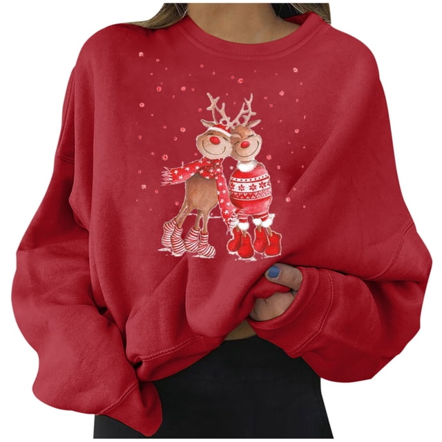 Sudaderas cortas estampadas de manga larga informales para mujer a la moda navideña Pompotops gfhjh8499
