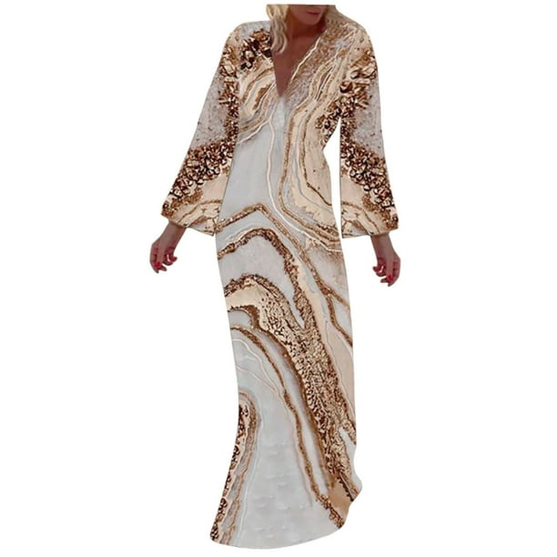 Vestido Largo de Manga Larga Con Cuello en V Y Estampado Informal Suelto de Verano Para Mujer Odeerbi ODB115107
