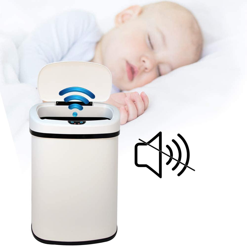 Automatic Garbage Can Touch Free Stainless Steel Trash Can No Touch Kitchen Waste Bin High-Capacity Bathroom Trash Can with Lid for Home Bedroom Office, White