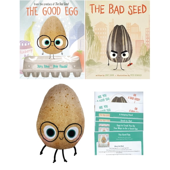 The Good Egg and The Bad Seed by Jory John 2 Childrens Hardcover Books, The Good Egg/Bad Seed Plush Flip Doll and Activity Pages Gift Set