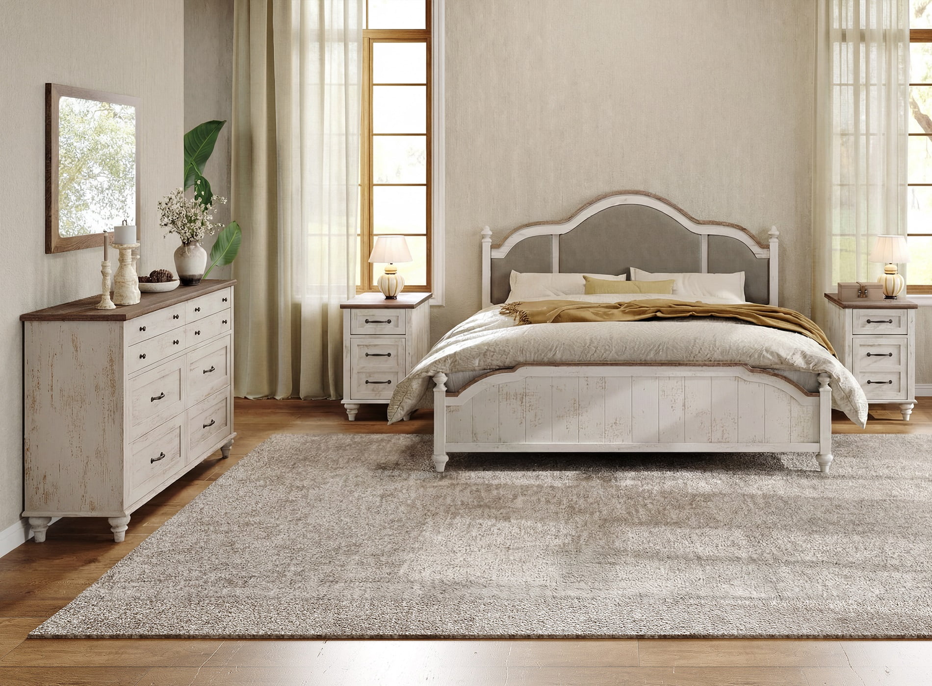 3 Piece Dresser and Nightstand Sets, Farmhouse Dresser with 8 Drawers, Set of 2 Night Stands with Charging Staion & Cabinet, 3 Piece Bedroom Set, Antique White