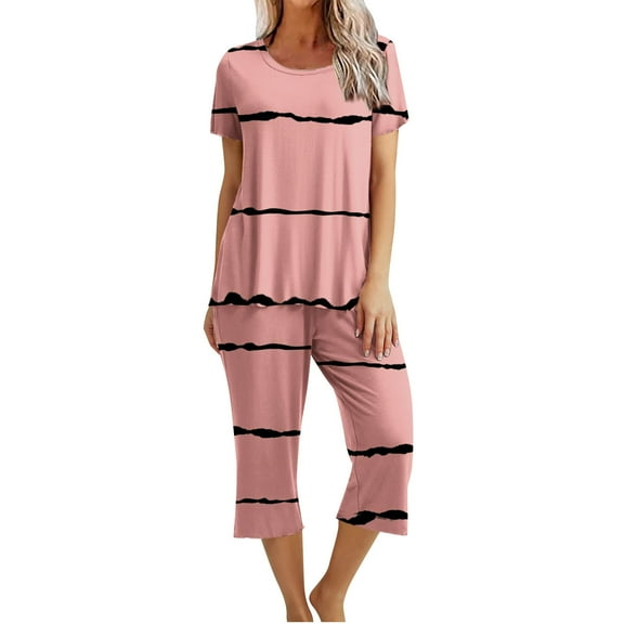 Womens Pajamas Set Short Sleeve V/Crew Neck Top with Capri Pants with Pockets Casual Sleepwear Pjs Loungewear Sets S-XXL