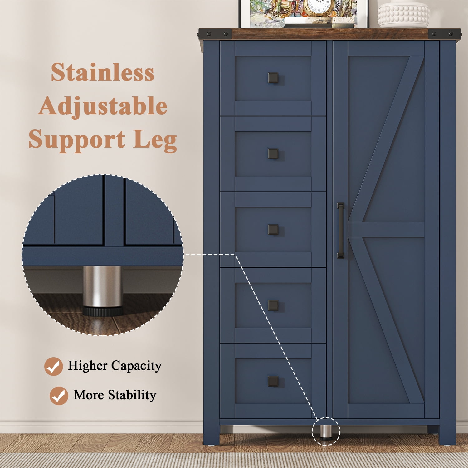 Winkalon 5 Drawers Dresser Chests for Home Bedroom, Farmhouse Wood Rustic Tall Chest of Drawers, Pull Storage Cabinet,Blue