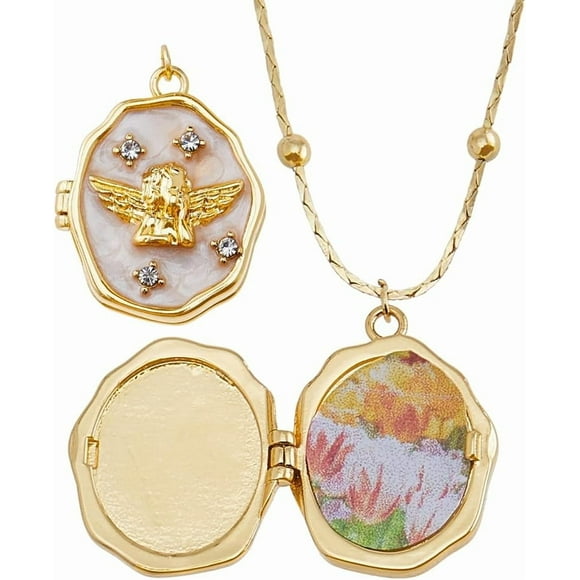 1Pc Photo Locket Necklaces 16.73 inch Oval Angel Necklaces Golden Hold Photo Picture Pendant Necklace Jewelry Brass Personalized Necklace for Women Ladies Wife