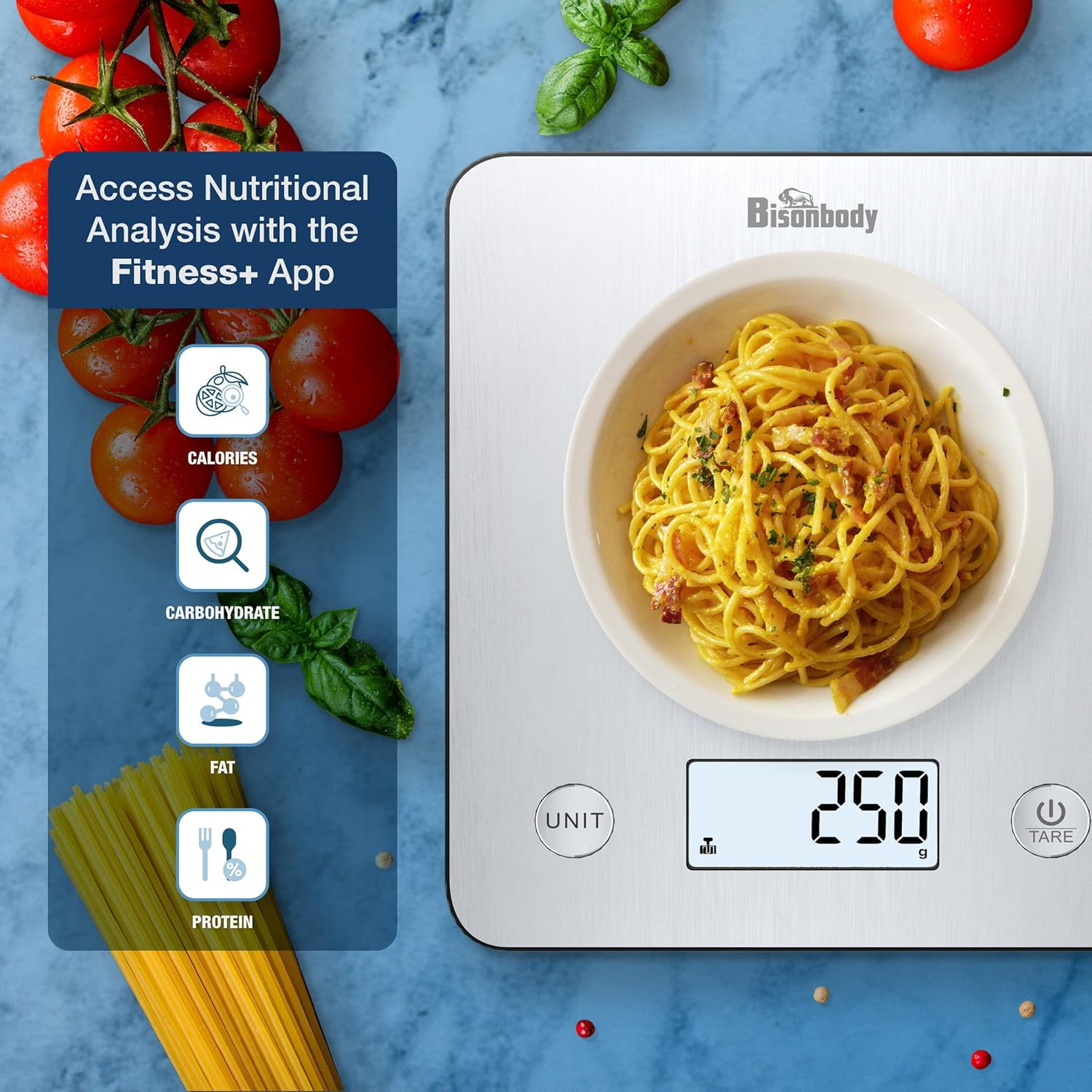 Bisonbody Digital Food Kitchen Scale with Smart App â Large Kitchen Scale with 201 Stainless Steel Surface 5 Unit Conversions â Digital Kitchen Scale App to Track Nutritional Information